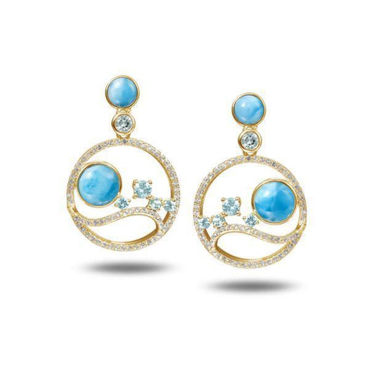In this photo there is a pair of 14k yellow gold wave and sun earrings with blue larimar, aquamarine, and diamonds.