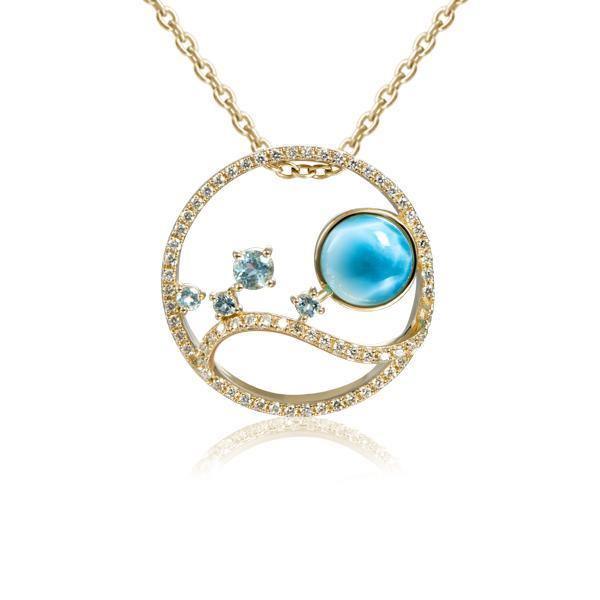 In this photo there is a yellow gold circle pendant with blue larimar, aquamarine, and diamonds.