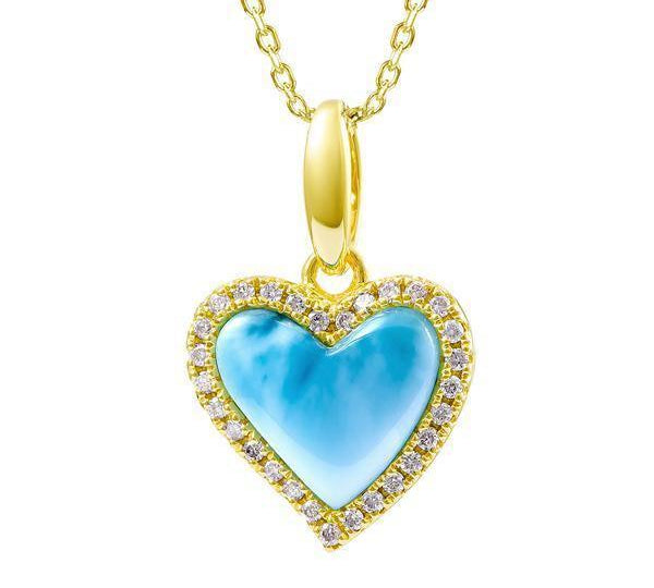 The picture shows a 14k yellow gold larimar heart pendant with diamonds.