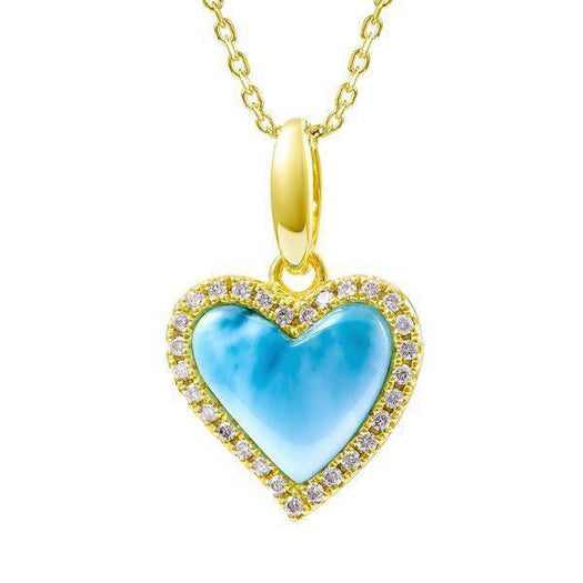 The picture shows a 14k yellow gold larimar heart pendant with diamonds.