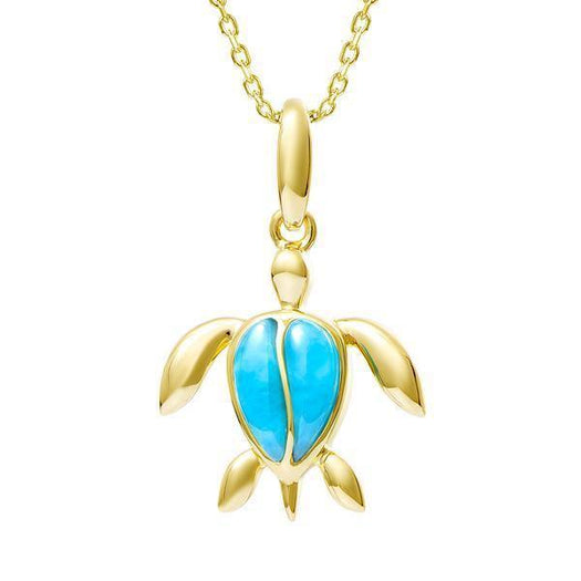 The picture shows a 14K yellow gold sea turtle pendant with larimar gemstones.