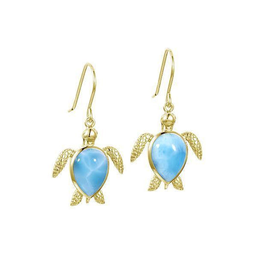 The picture shows a pair of 14k yellow gold sea turtle hook earrings with larimar gemstones.