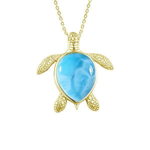 The picture shows a 14K yellow gold sea turtle pendant featuring a larimar gemstone.