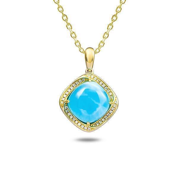 The picture shows a 14K yellow gold larimar pendant with diamonds.