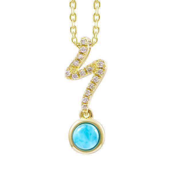 The picture shows a 14K yellow gold larimar lightning pendant with diamonds.