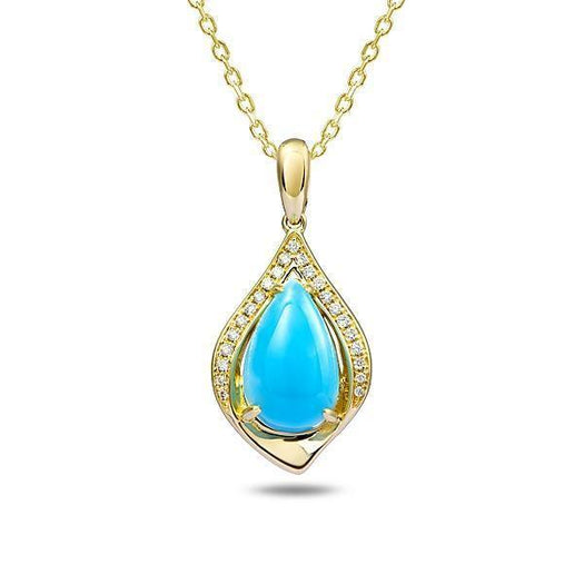 In this photo there is a yellow gold maile pendant with a blue larimar gemstone and diamonds.