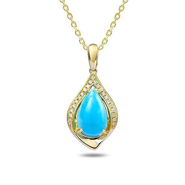 In this photo there is a yellow gold maile pendant with a blue larimar gemstone and diamonds.