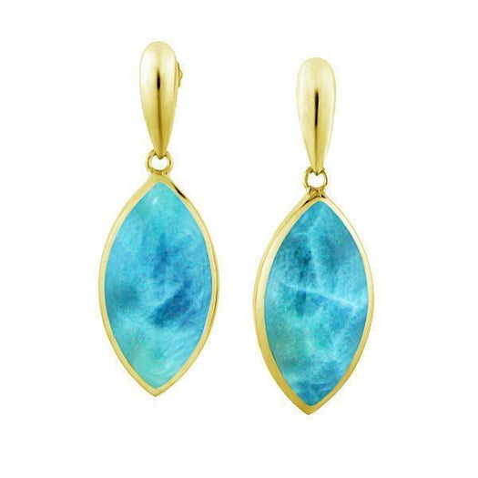 The picture shows a pair of 14K yellow gold larimar mandorla earrings.