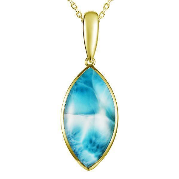 The picture shows a 14K yellow gold larimar pendant.