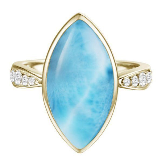 The picture shows a 14K yellow gold larimar mandorla ring with a diamond band.
