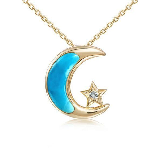 The picture shows a 14K yellow gold larimar moon and star pendant with aquamarine.