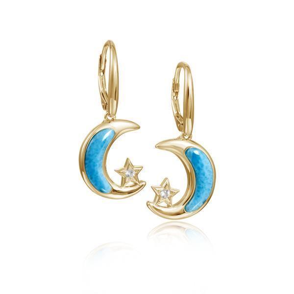 The picture shows a pair of 14K yellow gold larimar moon and star lever-back earrings with aquamarine.