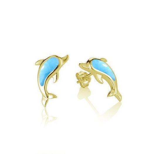 This picture shows a pair of 14k yellow gold dolphin stud earrings with larimar gemstones.
