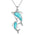 The picture shows a 14K white gold two dolphin pendant with larimar gemstones.