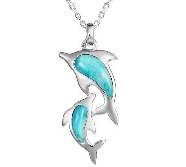 The picture shows a 14K white gold two dolphin pendant with larimar gemstones.