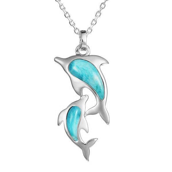 The picture shows a 14K white gold two dolphin pendant with larimar gemstones.