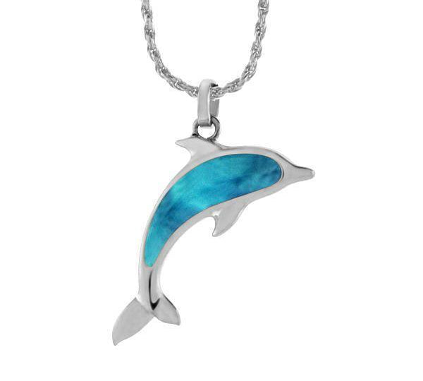 The picture shows a 14K white gold dolphin pendant with a larimar gemstone.