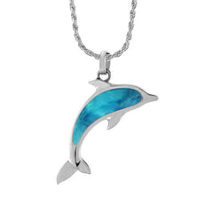 The picture shows a 14K white gold dolphin pendant with a larimar gemstone.