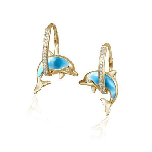 The picture shows a pair of 14K yellow gold hoop dolphin earrings with larimar gemstones and diamonds.