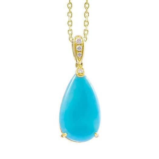 The picture shows a 14K yellow gold larimar teardrop pendant with diamonds.