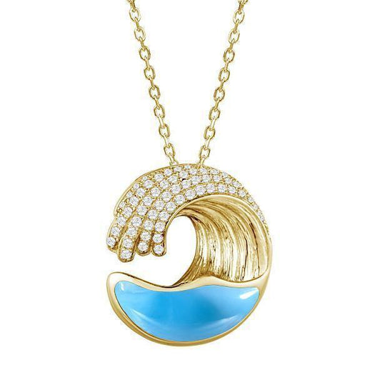 The photo shows a small 14k yellow gold larimar ocean wave pendant with diamonds.