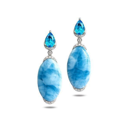 This image shows a pair of 14K white gold larimar oval earrings with aquamarine and diamonds.