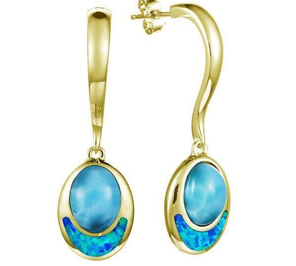 The picture shows a 14K yellow gold larimar and opalite oval earrings.