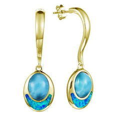 The picture shows a 14K yellow gold larimar and opalite oval earrings.