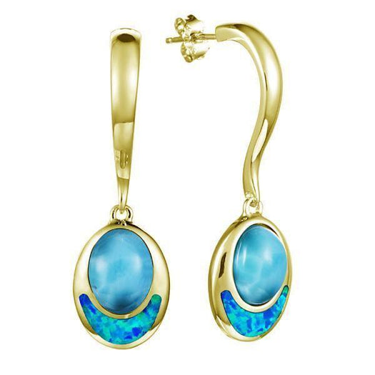 The picture shows a 14K yellow gold larimar and opalite oval earrings.