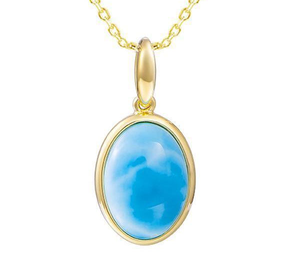 The picture shows a 14K yellow gold larimar oval pendant.