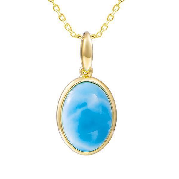 The picture shows a 14K yellow gold larimar oval pendant.