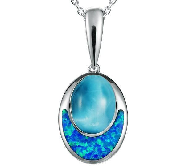 The picture shows a 14K white gold larimar and opalite oval pendant.