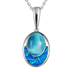 The picture shows a 14K white gold larimar and opalite oval pendant.