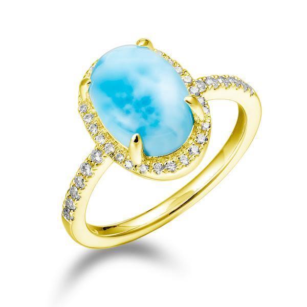 The picture shows a 14K yellow gold larimar oval ring with a diamond band.
