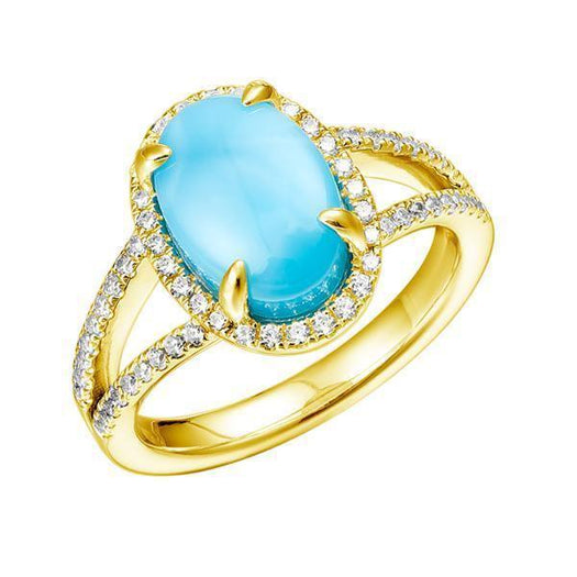 The picture shows a 14K yellow gold larimar oval split band ring with diamonds.