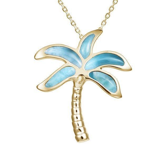 In this photo there is a yellow gold palm tree pendant with blue larimar gemstones.