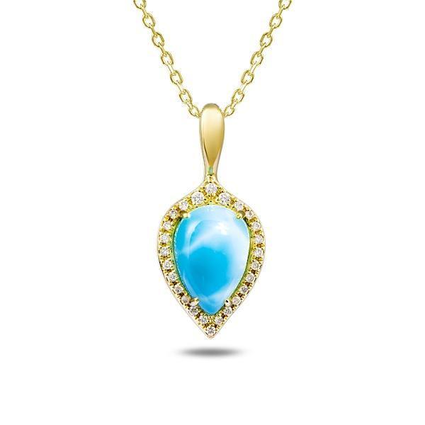In this photo there is a yellow gold petal pendant with a blue larimar gemstone and diamonds.