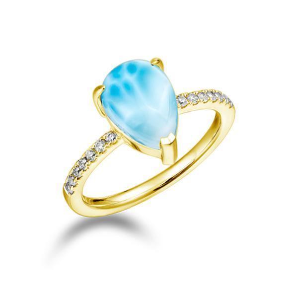 The picture shows a 14K yellow gold larimar petal ring with a diamond band.