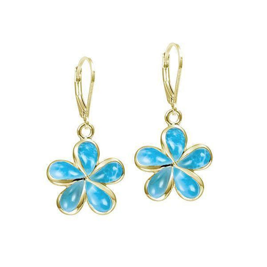 In this photo there is a pair of 14k yellow gold plumeria lever-back earrings with blue larimar gemstones.