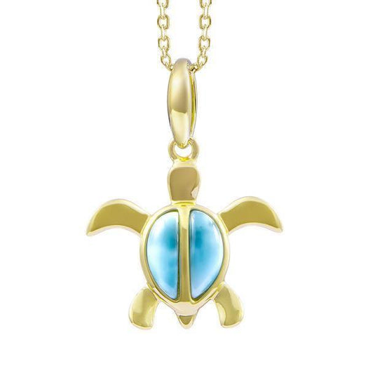 The picture shows a 14K yellow gold sea turtle pendant with larimar gemstones.
