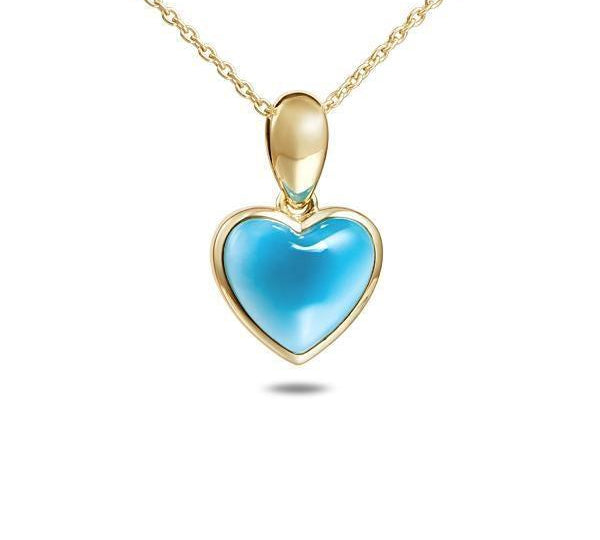 The picture shows a 14K yellow gold larimar heart pendant.