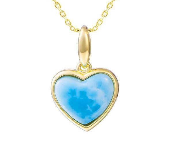 The picture shows a 14K yellow gold larimar heart pendant.