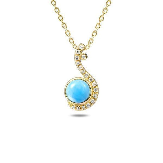 The picture shows a 14K yellow gold larimar raindrop pendant with diamonds.
