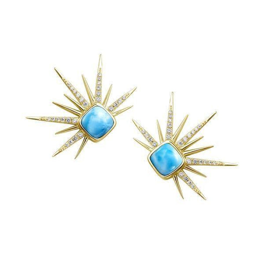 This photo shows a pair of 14K yellow gold Larimar sea urchin earrings with diamonds.