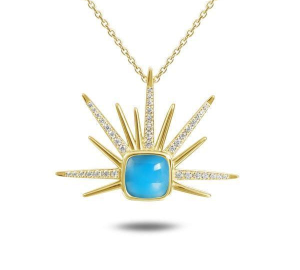The picture shows a 14K yellow gold larimar sea urchin pendant with diamonds.