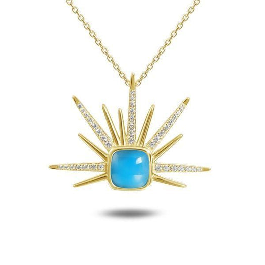 The picture shows a 14K yellow gold larimar sea urchin pendant with diamonds.