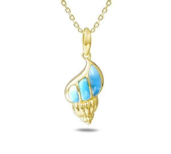 The picture shows a 14K yellow gold larimar conch shell pendant.