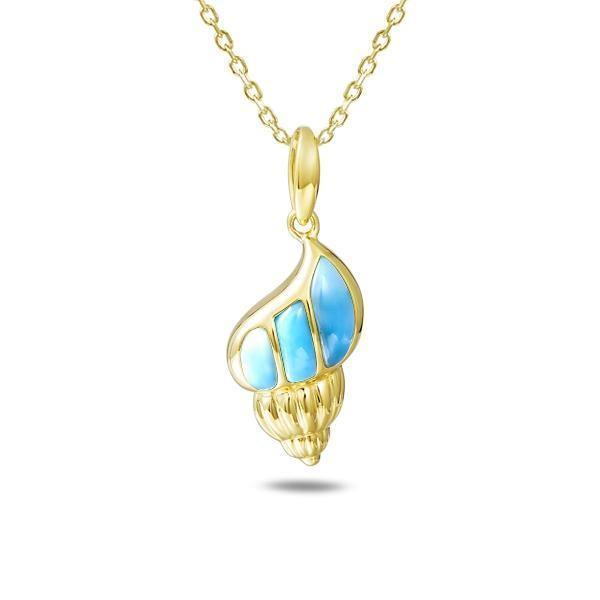The picture shows a 14K yellow gold larimar conch shell pendant.