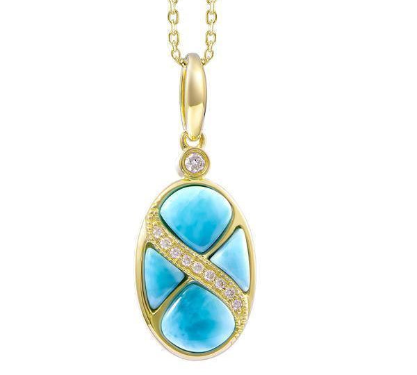 The picture shows a 14K yellow gold larimar oval southern cross pendant with diamonds.