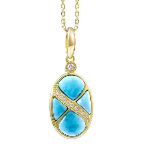 The picture shows a 14K yellow gold larimar oval southern cross pendant with diamonds.